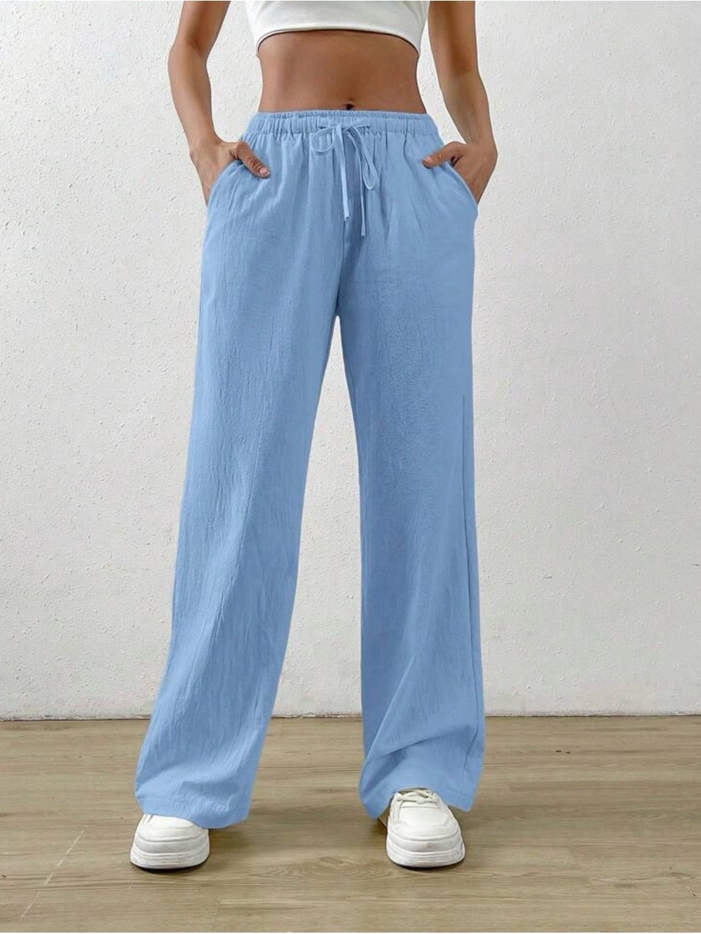Pastel Blue Wide-Leg Drawstring Pants
